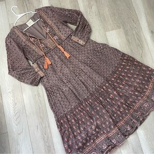 Dilli Grey Dress organic cotton floral printed midi womens Purple (size 10) boho